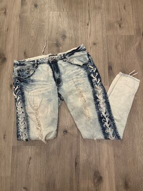 Light Blue Distressed Lace-Up Skinny Jeans for Women